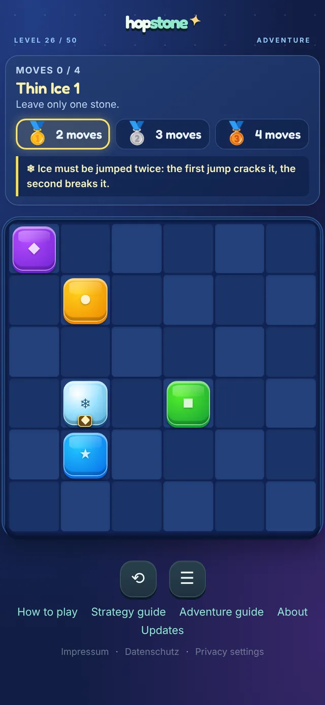 Hopstone Adventure level 26 with move counter, medal targets and an ice stone on the board