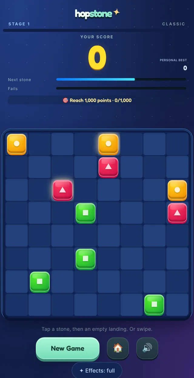 Hopstone Time Attack on a phone: score, Next stone bar and the 8 by 8 board with colored stones